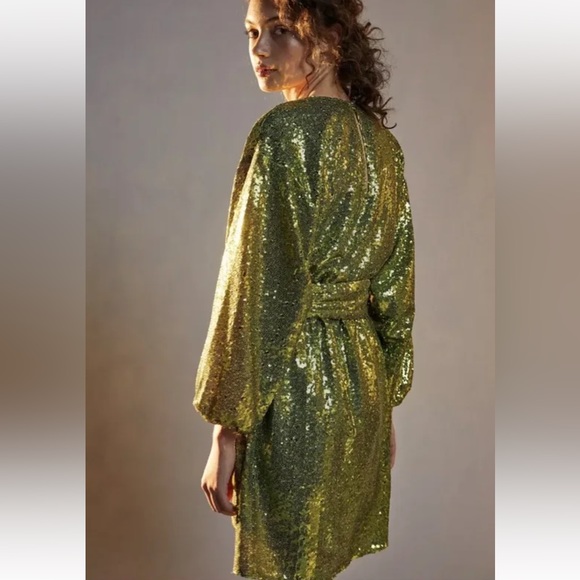 Anthropologie Sequin Wrap Dress in Chartruse - Picture 4 of 12